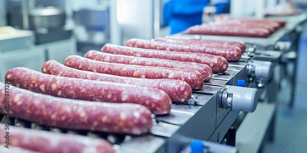 Aufkleber High-quality assembly line processing sausages in a factory Generative AI