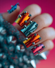 Obraz premium Close-up of bold spiked rainbow chrome nails on hand with punk style