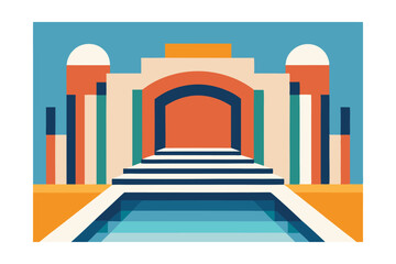 Geometric Art Deco Building Illustration Architectural Design in Bold Colors