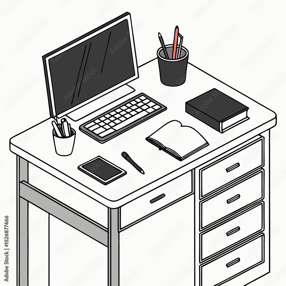 Poster modern desk workspace setup with computer and supplies