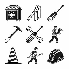 Construction worker safety tools and equipment icons