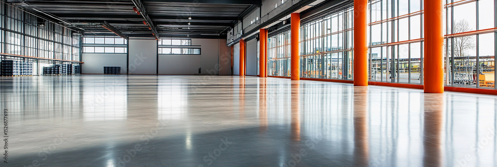 Poster modern factory interior with large windows and polished floors generative ai
