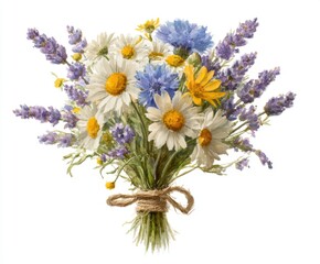 Fototapeta premium Watercolor Bouquet of Wildflowers: Daisies, Lavender, and Cornflowers on White Background - Hand-Painted Floral Illustration for Spring and Summer Designs