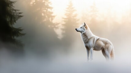 A minimalistic dawn scene shows a single wolf emerging from morning mist in a quiet forest. Soft light and restrained details convey serenity and wild elegance.