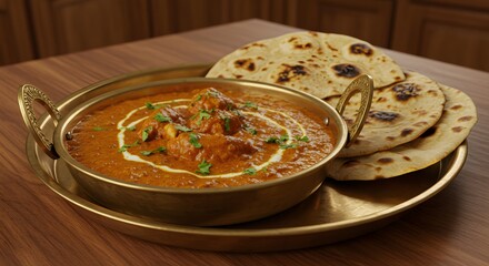 A brass thali of butter chicken with naan on a kitchen table