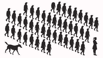 Naklejka premium Business leadership concept with dog leading group of people silhouettes walking in formation teamwork and management symbol