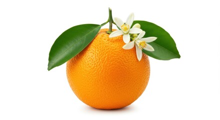 Fresh orange with leaves and white blossoms on a clean background, showcasing natural beauty and freshness