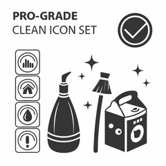 Professional cleaning supplies icons set isolated on white