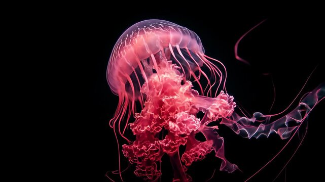 Pink jellyfish pulsating gently in dark ocean waters delicate tendrils shimmering in the abyssal blackness aquatic wonder