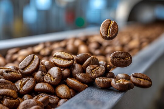 Roasted coffee beans on conveyor belt in factory setting