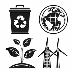Eco icons set recycling globe plant wind turbines