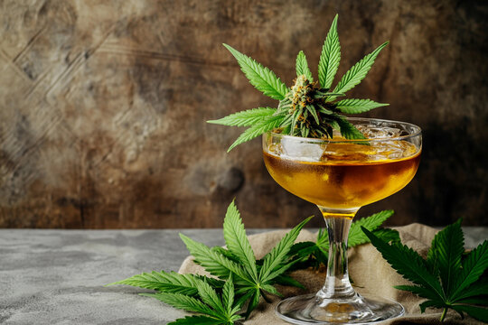 Exquisite cocktail garnished with cannabis leaves Generative AI