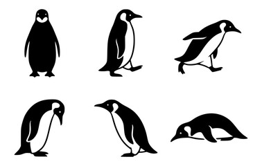 Naklejka premium A collection of six animated penguins in various poses. The penguins are black and white, with each one showcasing a different movement or stance