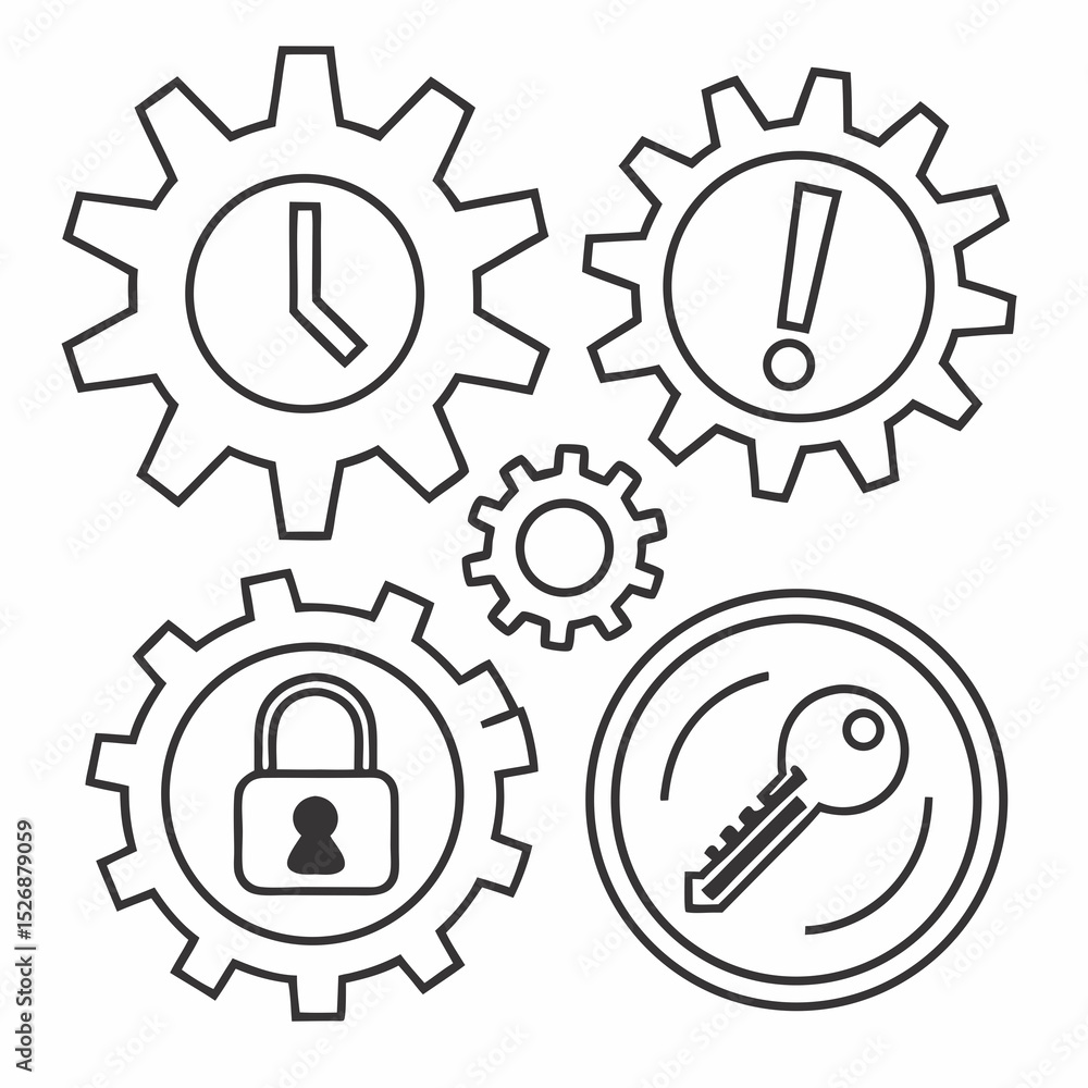 Poster interlocking gears representing time security and warning