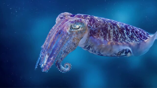 Colorful cuttlefish swims gracefully in deep blue ocean waters displaying its remarkable skin patterns and fascinating marine life