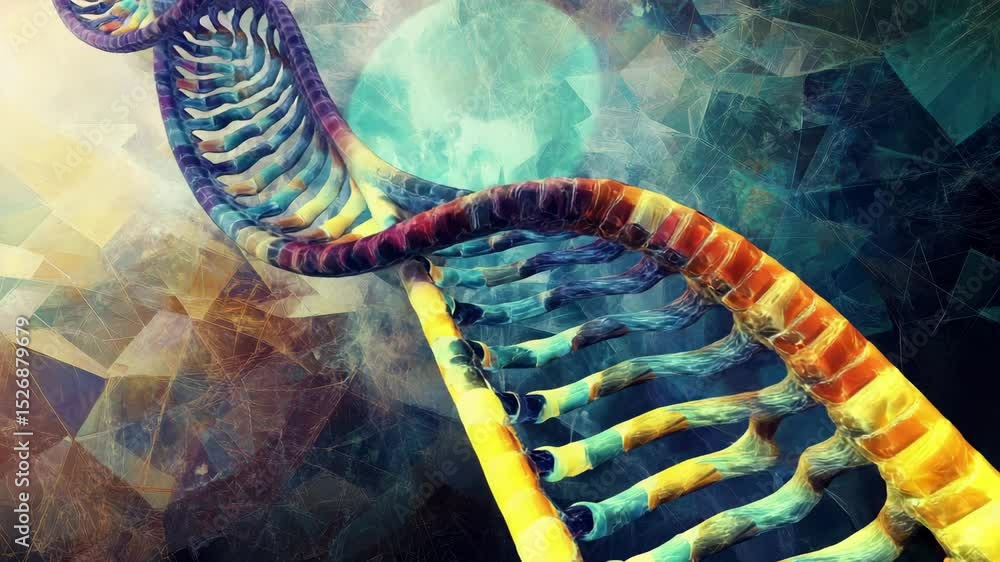 Poster visual representation of dna structure showing intricate details and vibrant colors against a geomet