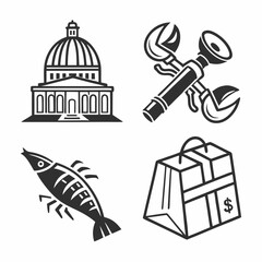 Professional vector icons set government shrimp shopping building tools