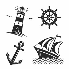 Nautical icons set lighthouse anchor ship wheel