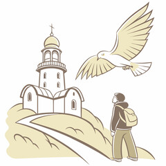 Person watching bird fly over church steeple