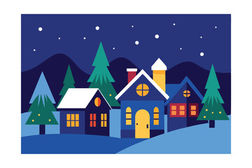Cozy Winter Village Night Scene Snowy Houses, Christmas Spirit