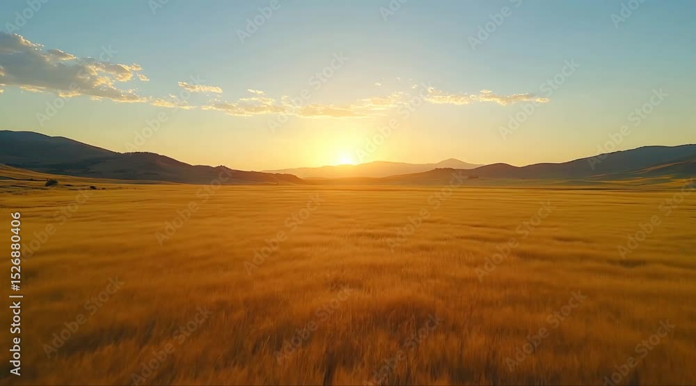 Poster sunset casts warm golden light over a vast wheat field with mountains generative ai
