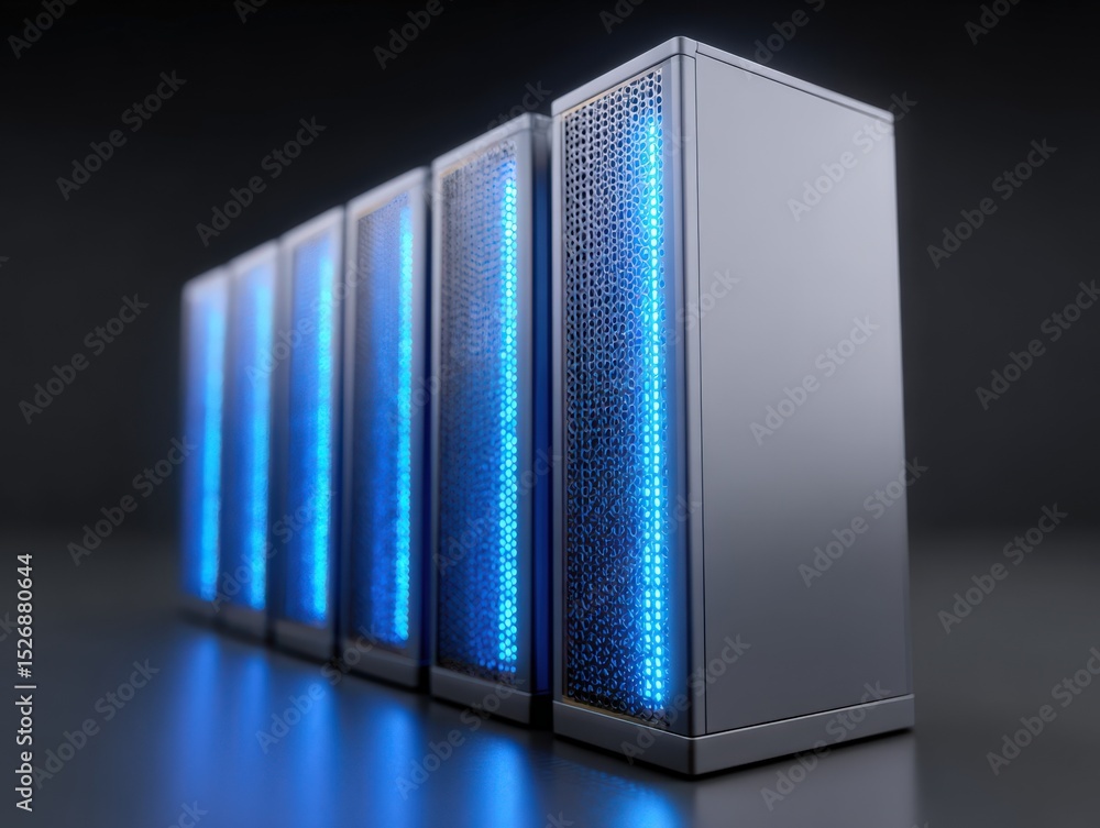 Poster server racks illuminate in dark data center. modern computing, information technology, cloud infrast