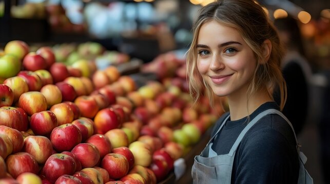Smiling woman selling fresh apples at the local farmers market.