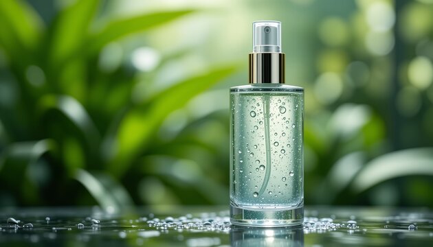 Pure Hydration Mist - Glass Bottle with Metallic Nozzle & Dew Drops Against Lush Green Foliage AI-Generated  