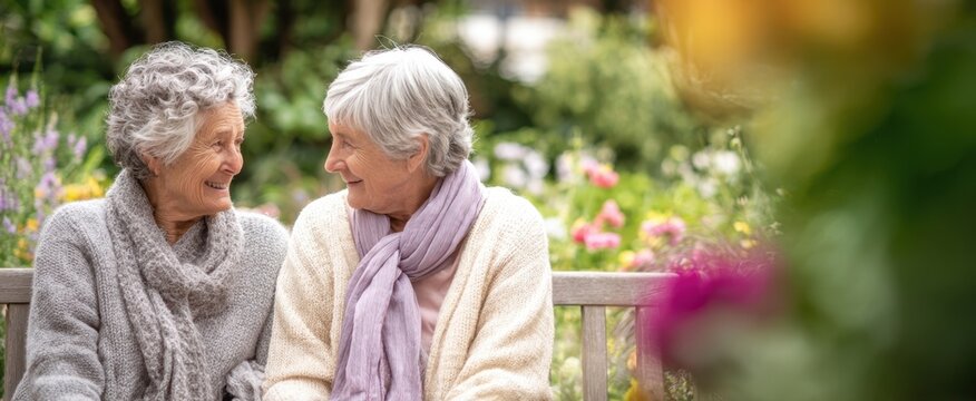 The joyful companionship of elderly women sharing smiles in a beautiful garden setting.