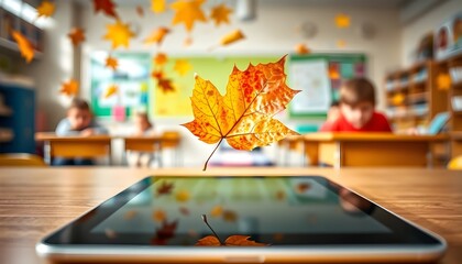 Falling leaves learning experience classroom digital interaction autumn close-up nature integration