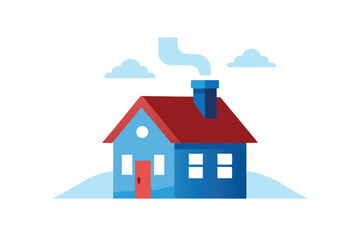 House with Snow-Covered Roof and Smoking Chimney Winter Illustration