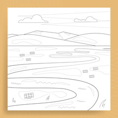 Coloring page with valley with solar panels, river, mountains flat illustration