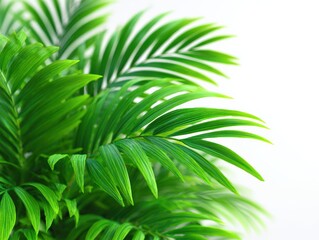 Lush green palm fronds create a tranquil backdrop. Natural foliage, vibrant greens, tropical plants, botanical freshness