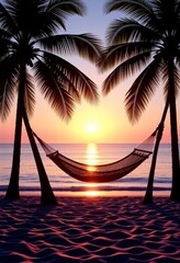 Tropical hammock between palm trees at sunset by the beach  