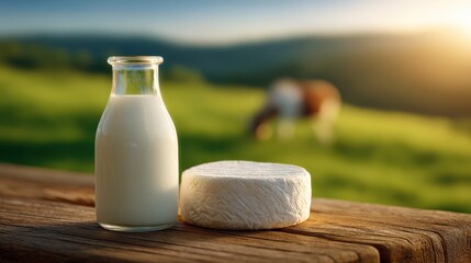 Bottle of milk and cheese sit on wooden table outdoors. Dairy products, fresh farm food, rural countryside scene, healthy eating, organic agriculture.