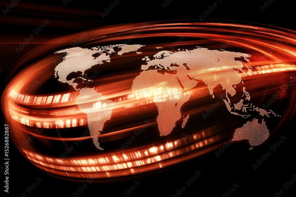 Poster digital data processing illustrated over a world map with glowing effects highlighting global connec
