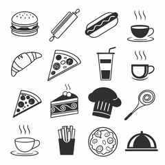 Delicious food icons set burger pizza coffee