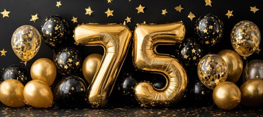 Gold foil balloons spell out seventy-five with stars. Celebrating 75th birthday, anniversary, party decorations, festive occasion, event