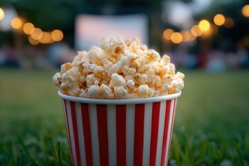 A popcorn bucket sits in front of outdoor movie screen. Summer fun, entertainment, cinema experience, watching films under the stars, family night