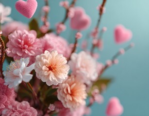 Floral arrangement with pink flowers and hearts on blue background. Valentine's Day, romance, love, celebration, spring
