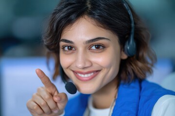 Smiling woman with headset points finger at camera. Customer service representative in call center helps customers.