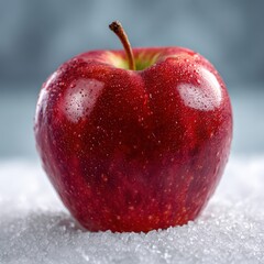 Red apple sits on sugary crystals. Fresh produce, sweet treat, healthy food, still life, shiny and wet.