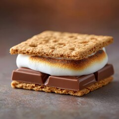 S'more is stacked and ready to eat. Sweet summer treat, campfire dessert, graham cracker snack, chocolate and marshmallow.