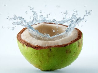 Water splashes from a halved fresh green coconut. Healthy hydration, tropical fruit, freshness, refreshment.