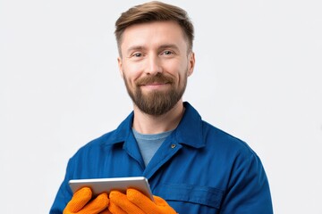 Worker smiles while holding tablet in work gloves. Technician in uniform using digital technology, service industry, maintenance professional