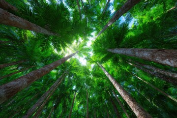 Looking up at a canopy of lush green palm trees towards the sky. Tropical forest, nature, trees, landscape, environment, sunlit, exotic, paradise, serenity, jungle.