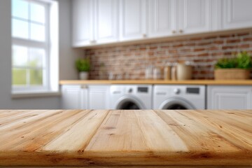 Wooden table stands in blurred background of a modern laundry room. Interior design, home improvement, washing machines, domestic life.