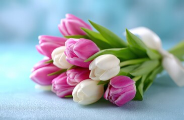 Bouquet of pink and white tulips tied with ribbon. Spring flowers, floral arrangement, romantic gift, blossom, floral decoration, flower arrangement