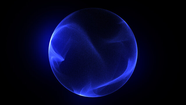 Abstract deep blue sphere of glowing particle waves and energy. Cosmic futuristic 3d sphere in space. Science, technology, virtualization, AI. Magic 3d orb and vibrant energy sphere. 