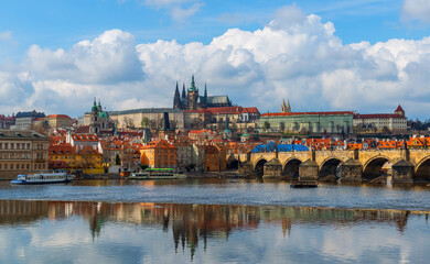 The Vltava River in the center of the Prague, Czech Republic, on a cloudy spring day	